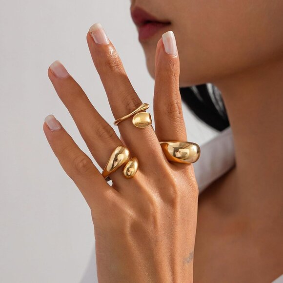 Women Gold Chunky Rings Set Adjustable Knuckle Finger Stackable Fashion Jewelry - Picture 4 of 7